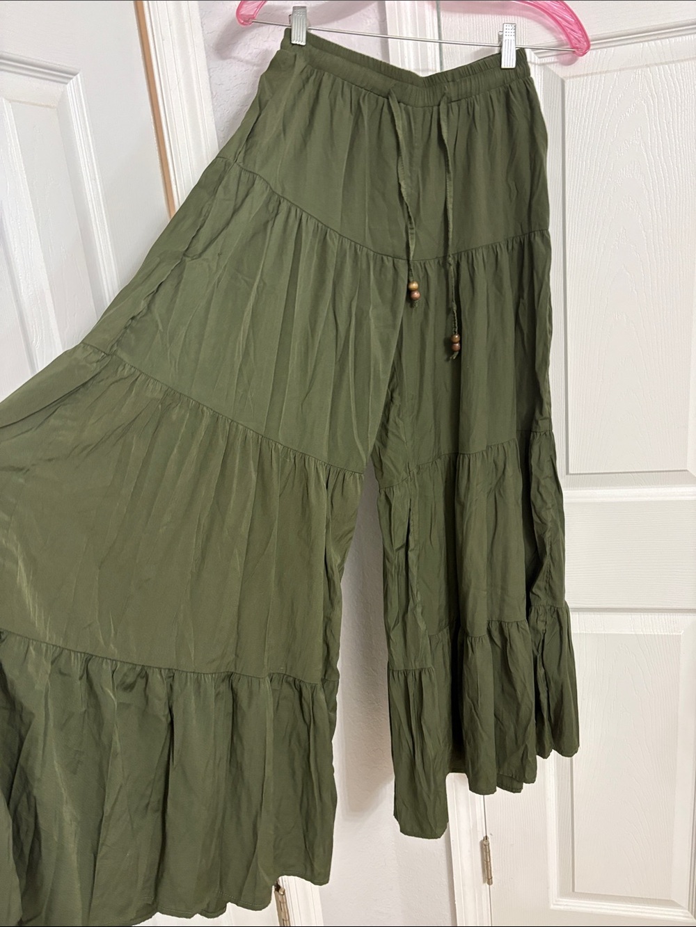 ROMWE Olive Green Wide-Leg Tiered Pants with Drawstring